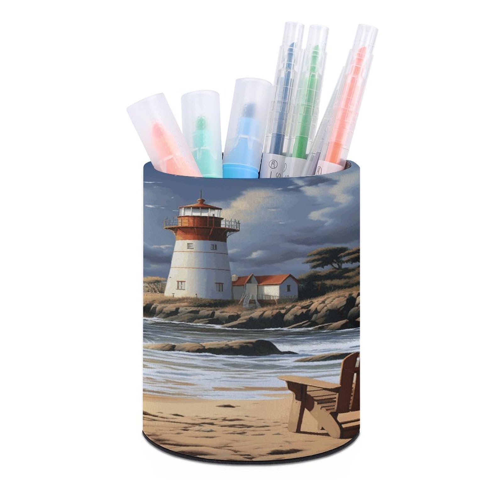 FekiLoot Round Leather Pen Holder - Multipurpose Desk Organizer, Modern Pencil Cup, Sea Lighthouse Sandbeach Pencil Holder, Unique Makeup Brush Holders for Office Home Supplies & Gifts
