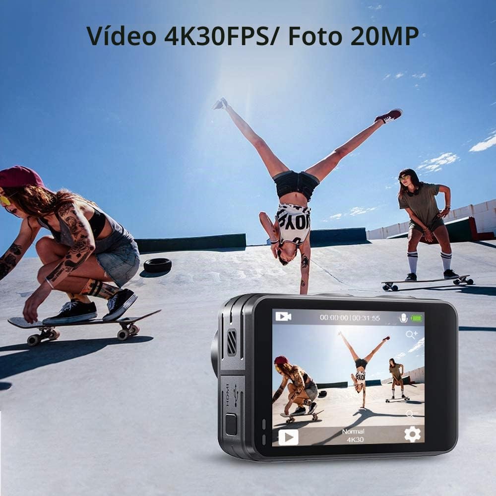 AKASO Brave 7 LE Cámara Deportiva 4k30FPS 20MP WiFi con Tarjeta de Memoria U3 de 64 GB, Cámara Acuatica Sumergible 40M IPX7, Resistente al Agua, EIS, Pantalla Táctil