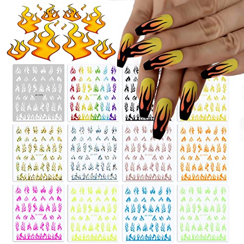 12 Sheets Flame Nail Stickers Decals for Nail Art, Fire Nail Stencil for DTY Fingernails DÃ©cor,3D Self-Adhesive Nail Art Supplies for Acrylic Nails Decals Design