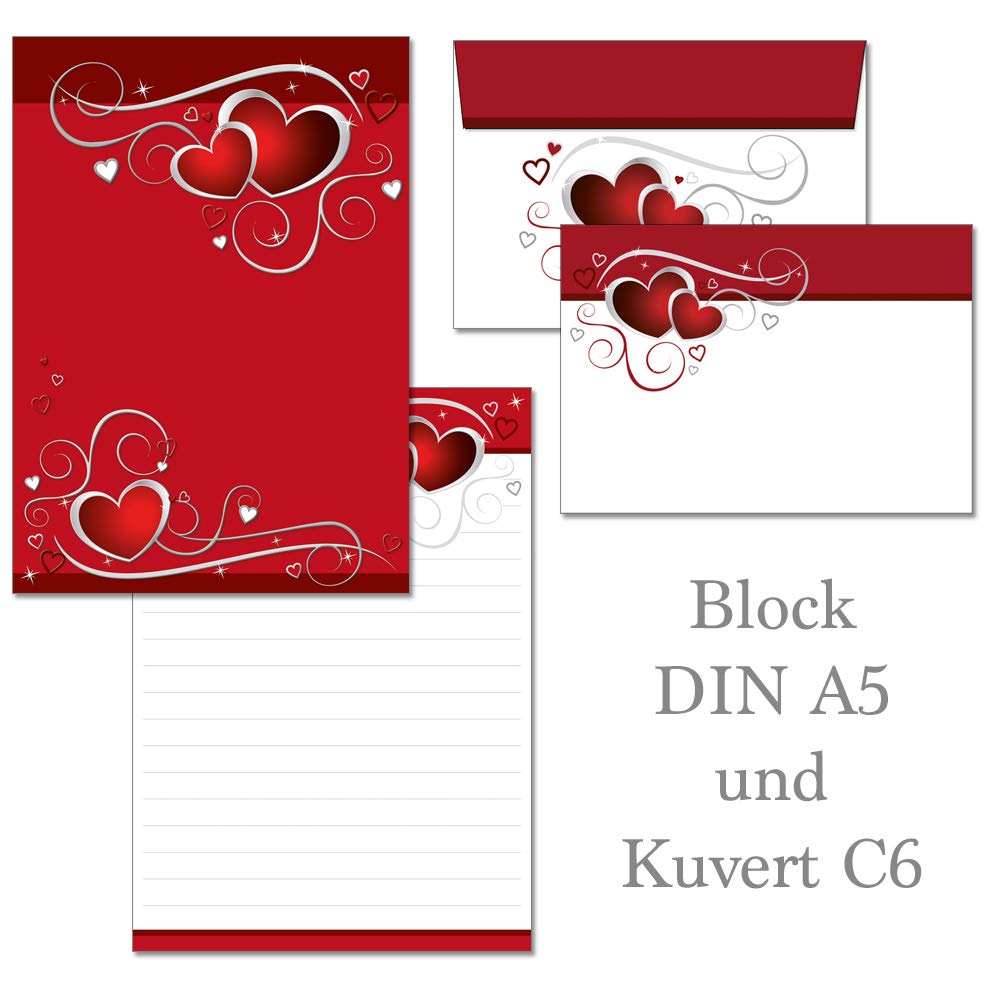 Writing pad red hearts 50 sheets format DIN A5 with cover sheet + 15 envelopes C6.
