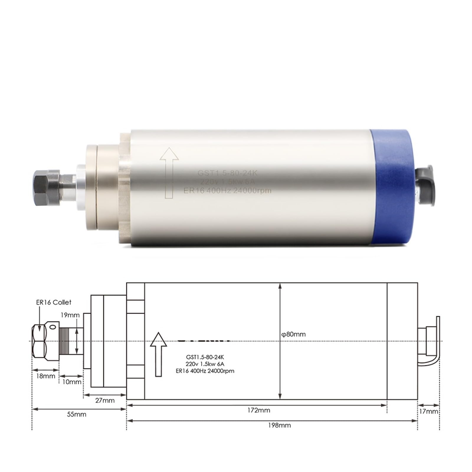 KACOME CNC Spindle Motor 220v / 380v 1.5kw ER16 air-Cooled Spindle 4 Bearings Woodworking Spindle Motor 80mm air-Cooled 400Hz(110V)