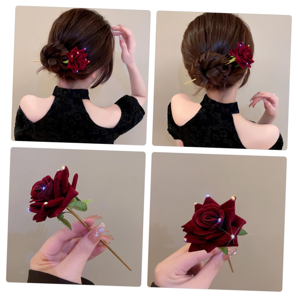 Épingle À Cheveux Avec Strass Et Rose Rouge Accessoire Élégant De Style Chinois Pour Fête Et Banquet