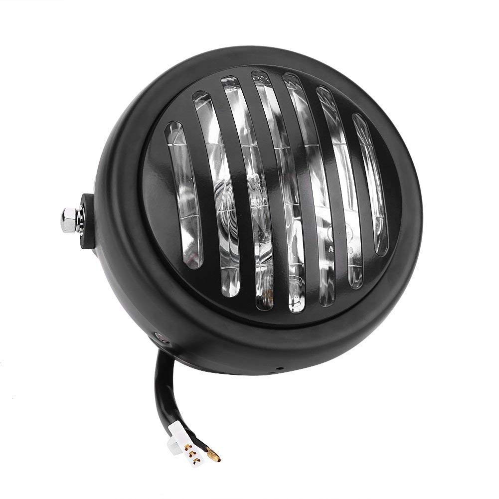 Faro anteriore vintage per moto stile griglia universale per Harley Cafe Racer Bobber Chopper (vetro bianco e nero)
