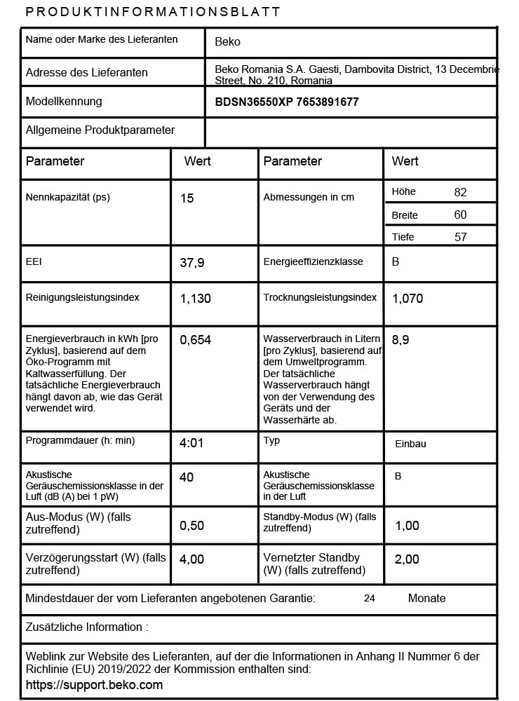 Beko BDSN36550XP Geschirrspüler 60 cm teilintegriert 15 Maßgedecke PowerIntense SilentWash SelfDry SensorAdapt weiß