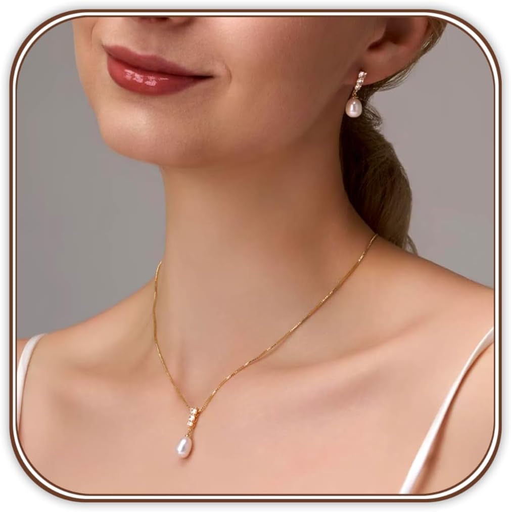 Pearl Jewelry Set For Women Freshwater AAAA Pearl Pendant Necklace & Earrings 18K Gold Plated with Sparkling Cubic Zirconia Jewelry Set for Wedding Prom Gift