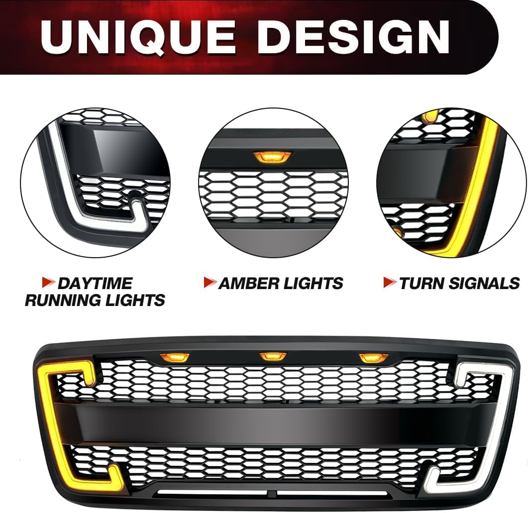 EOMD Front Bumper Grill Compatible with 2004 2005 2006 2007 2008 F150 W/DRL & Turn Signal Lights Matte Black