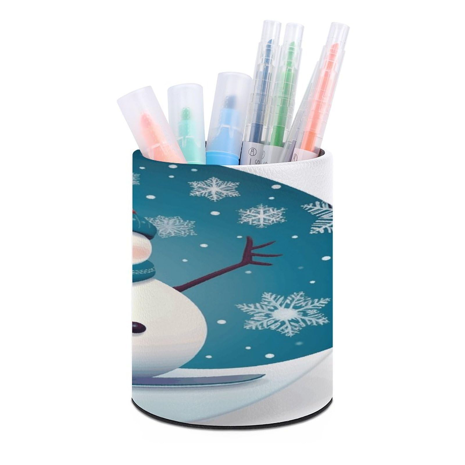 Lovely Christmas Cartoon Skiing Snowman Snowflake Pen Holder Cup Fashion PU Leather Pencil Cup Minimalist Pen Organizer Round Pencil Holder Stand Work Locker Accessories for Decoration Desk Office Hom