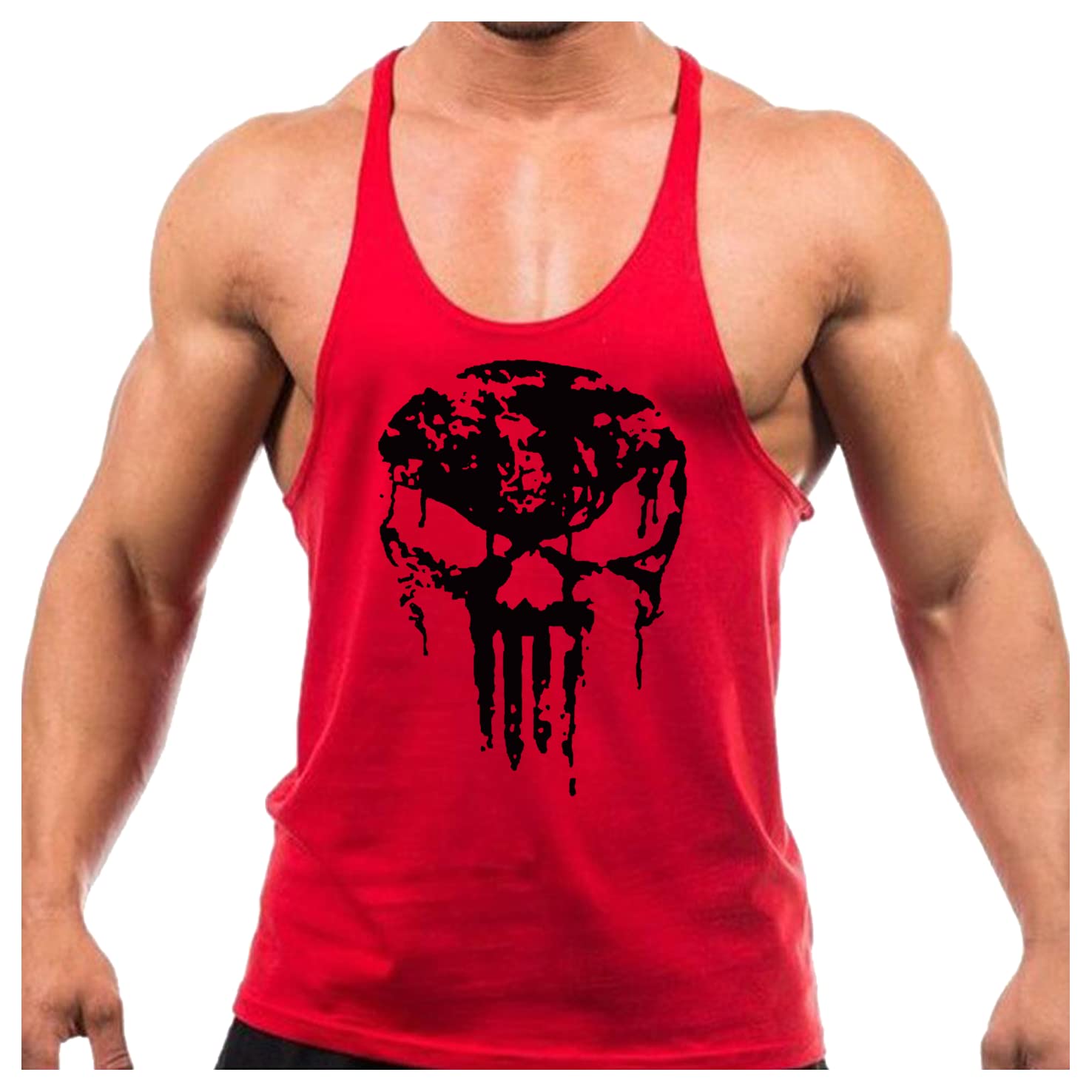 Crown Designs Alpha Male Bodybuilding Weight-Training Sports Stringer Vest Top with Y Back Racerback Fit for Men & Teens - Red with Black Design/Medium