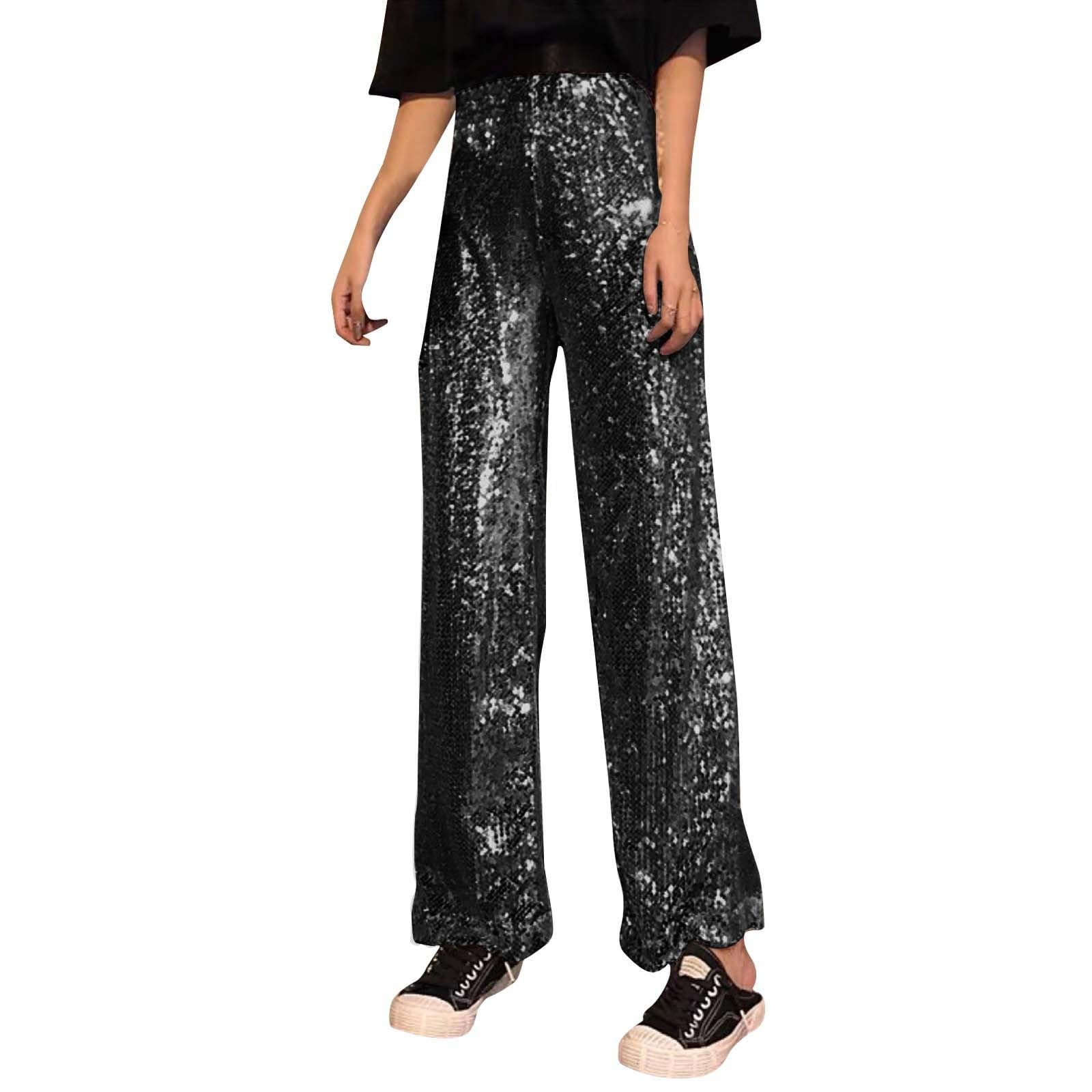 Generico Pantalone Paillettes Donna Pantaloni Completo Curvy Zampa Gamba A Vita Alta Giacca Pantaloncini vestibilità Comoda Culotte Larghi Brillanti Brillantini