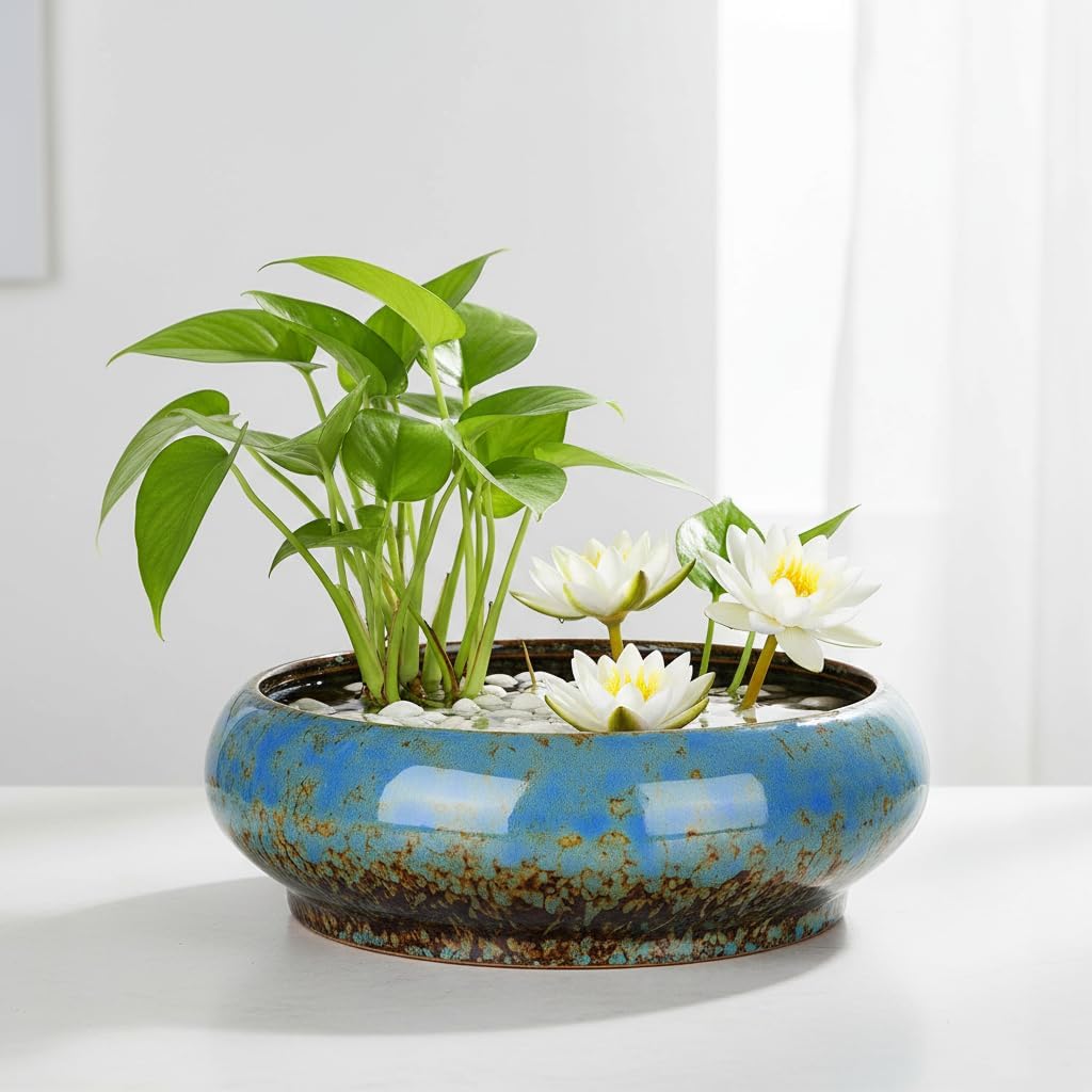 YARNOW 7.3 Inch Lotus Bowl Planter Ceramic Water Lily Pot Shallow Blue Glazed Succulent Planter Round Hydroponic Bonsai Vase for Aquatic Plants Indoor Outdoor Garden Decor
