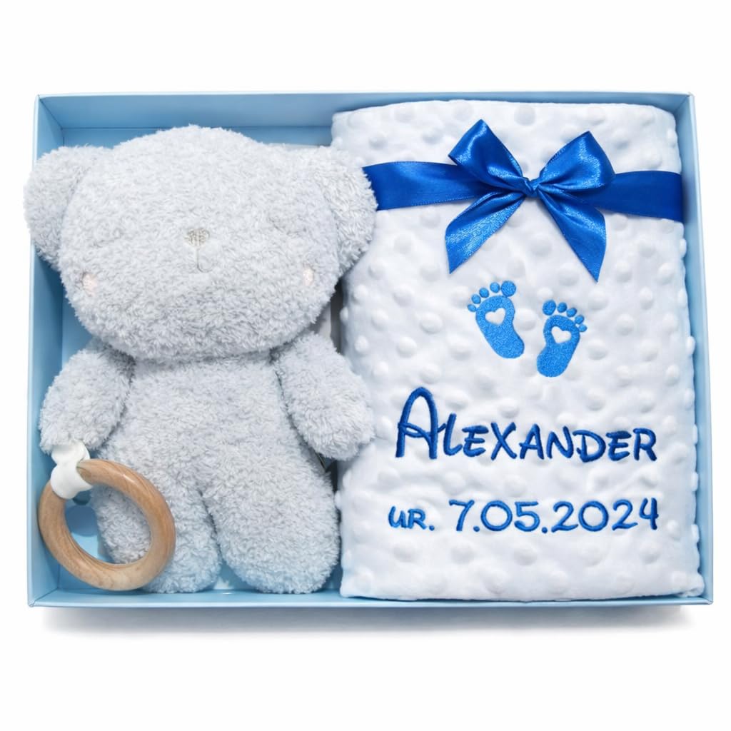 Generisch Baby Geschenkset personalisiert mit Name, Babydecke 75x100 cm und Teddybär mit Holz-Beißring, Geschenk zur Geburt für Jungen und Mädchen in Geschenkbox (Blau + Teddybär mit Beißring)