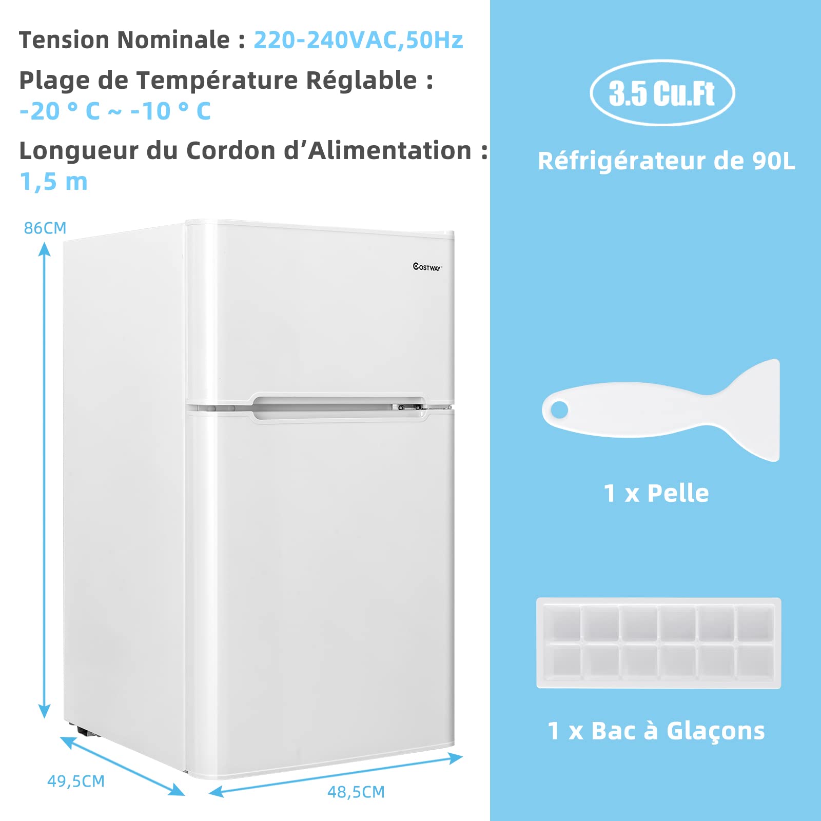 COSTWAY Réfrigérateur à Double Porte 90 L, Réfrigération Rapide, Économie d'énergie, Réfrigérateur en Métal avec 7 Niveaux de Température, 48,5 x 49,5 x 86 cm (Blanc)