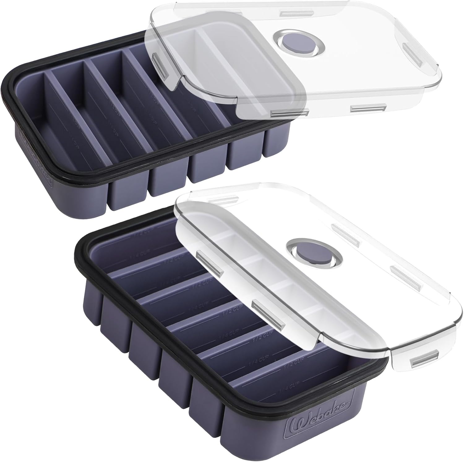 Webake 1/2 Cup Premium Silicone Freezer Trays with Clip-Lock Plastic Lids, Pack of 2 | Easy-Release Molds for Soup, Broth, Fruits & Leftovers, Perfect for Meal Prep & Food Storage