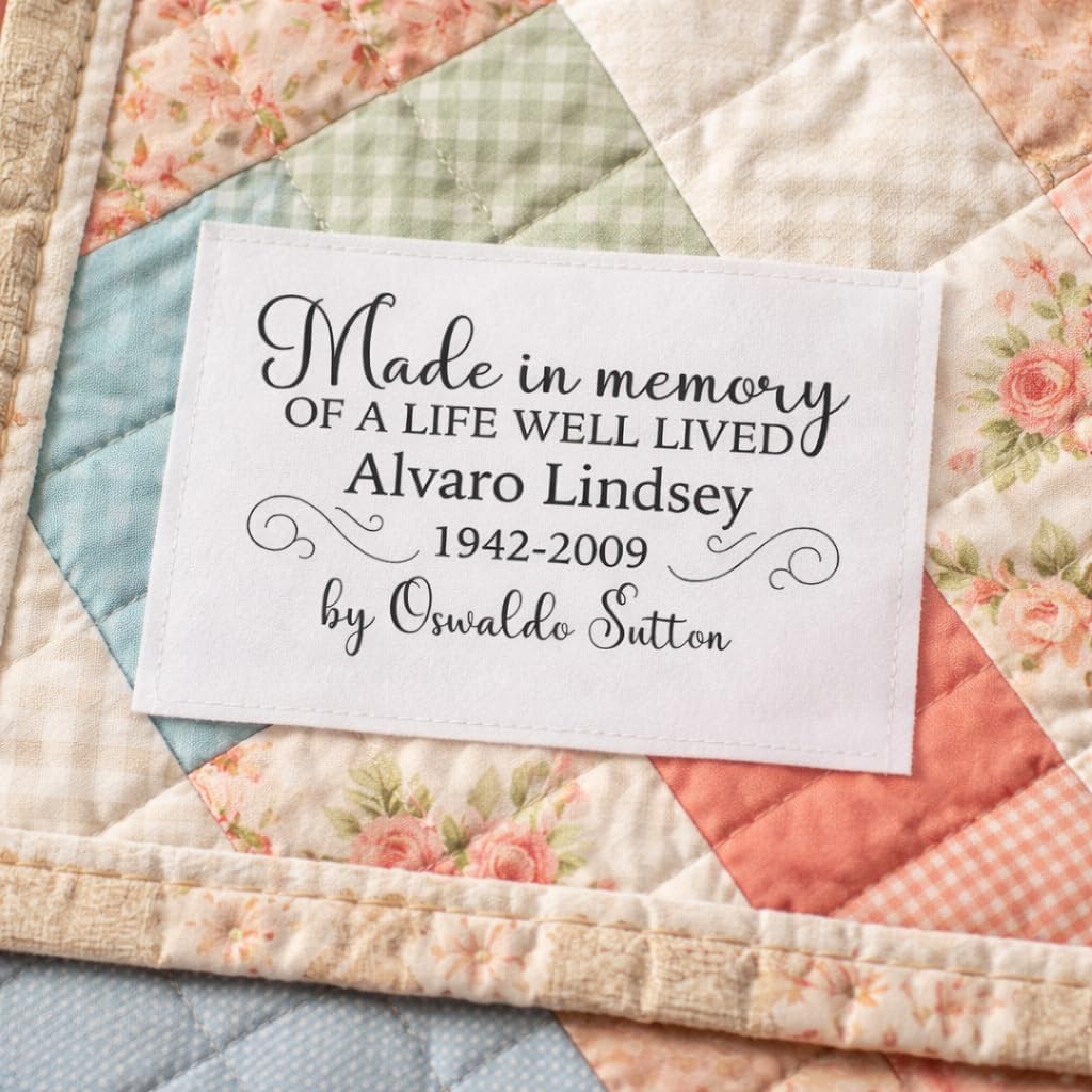 Personalized Memorial Quilt Label – Custom Cotton Quilt Tag with Name & Dates – “Made in Memory of a Life Well Lived” – Sew-On Fabric Label