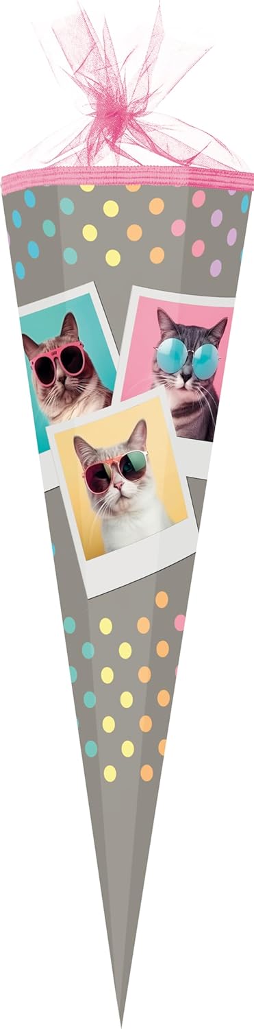 Nestler School cone set for filling, handmade cardboard sugar cone - cool cats motif, school cone, lace protector, bow (85 cm hexagonal)