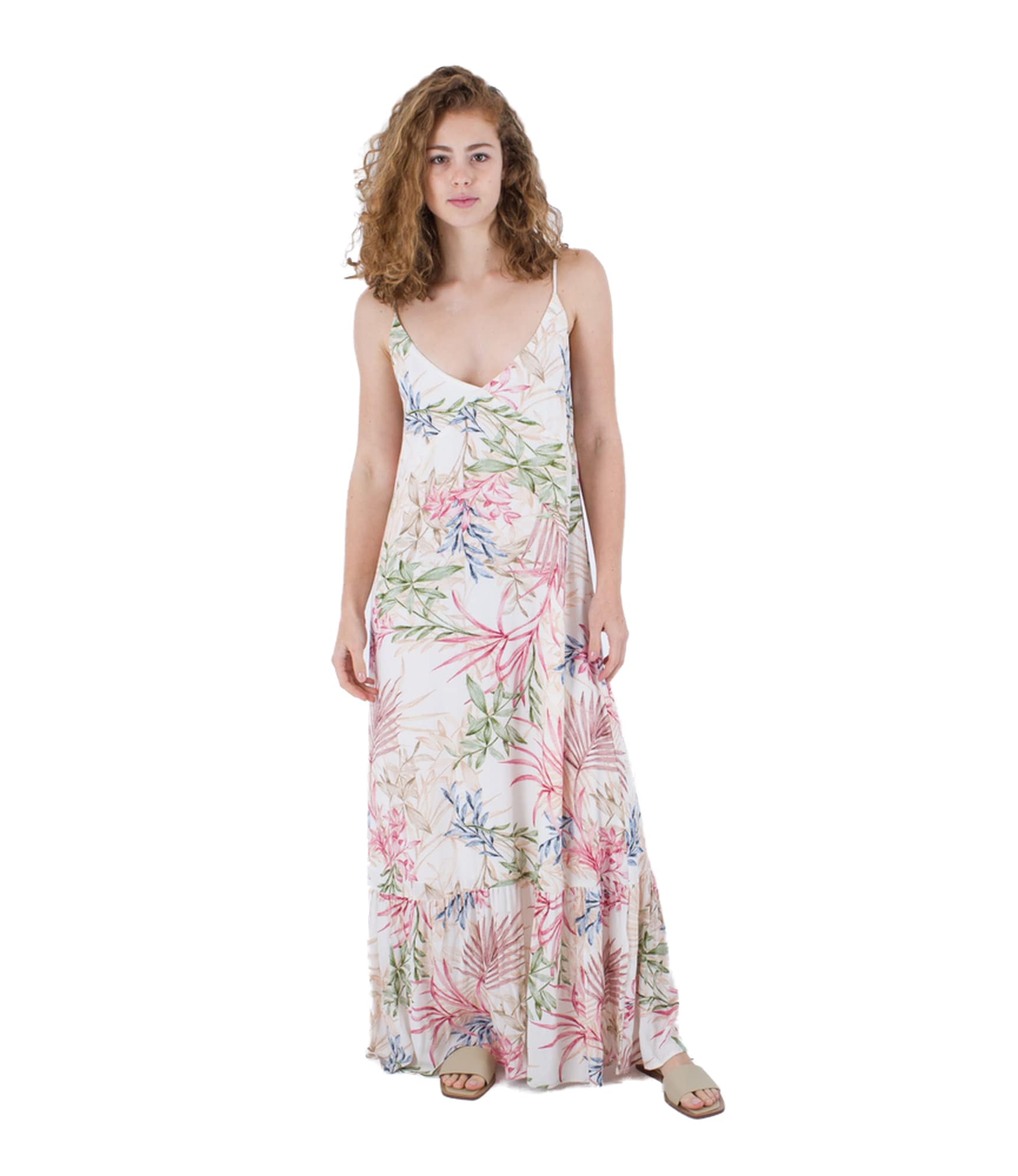 Hurley Women's Summer Palm Ruffle Maxi Dress, Cream, Multicoloured, M