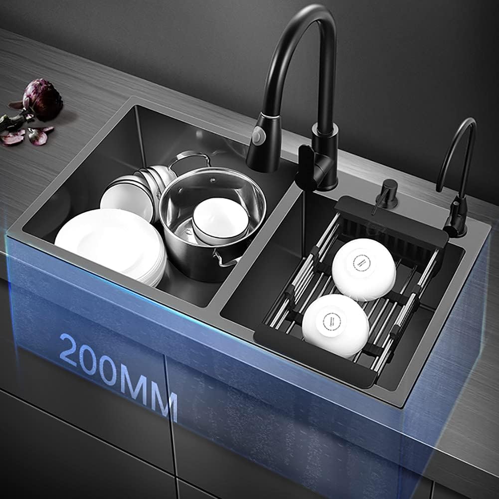 Household Sink Double Bowl,Black Kitchen Sink 72×40cm,Built-in Sink with Reversible Drainer,for Both Undermount and Flushmount Installation