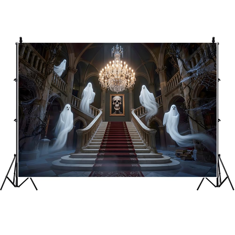 3 x 2,4 m sfondo fotografico di Halloween – spettrale castello stregato fantasma teschio lampadario sfondo fotografia palazzo medievale scala Halloween horror festa compleanno banner photo