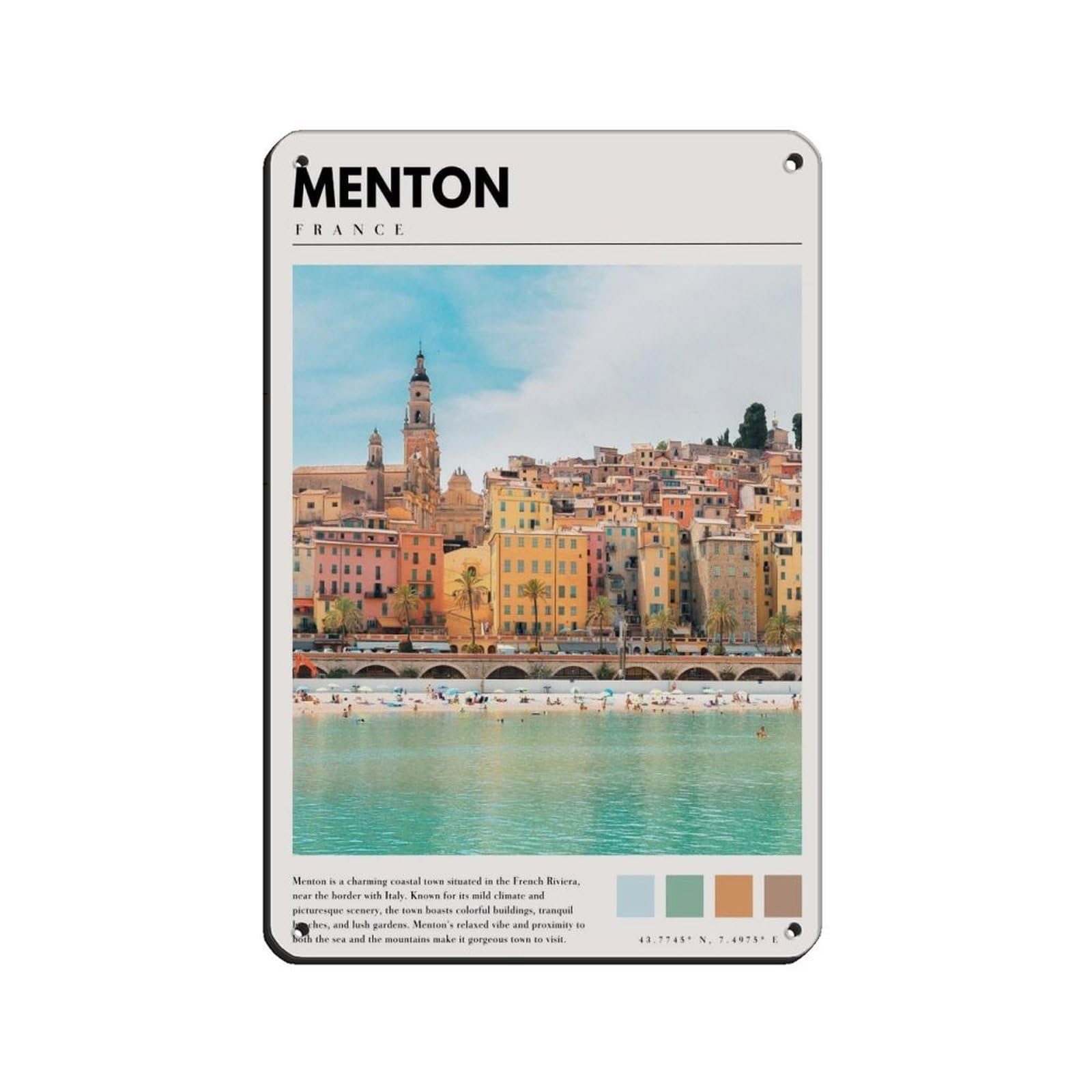 Menton France Poster French Art Tin Sign Vintage Metal Pub Club Cafe Bar Home Wall Art Decoration Poster Retro 8x12inch(20x30cm)