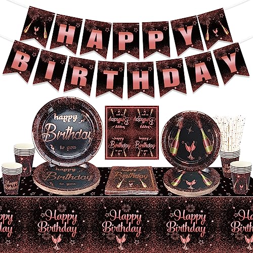Décorations de fête d'anniversaire en or rose et noir pour filles, femmes, comprend une bannière de joyeux anniversaire, une nappe, des assiettes en papier,...