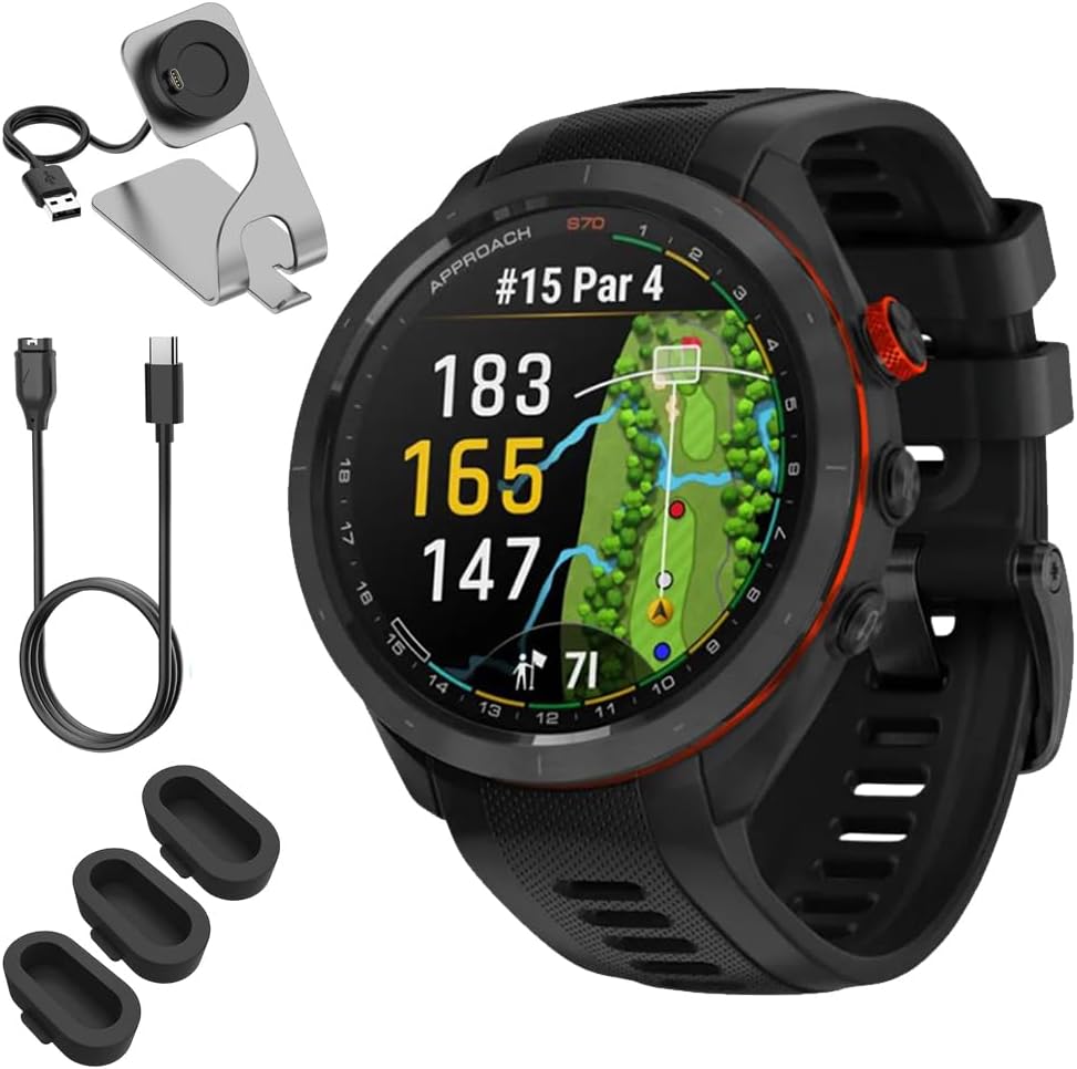 Garmin 010-02746-02 Approach S70 42 mm Premium GPS Golf Watch, Black Band Bundle with Deco Essentials Charging Dock, 3X Silicone Dust Cover and USB Type C Charging and Sync Cable