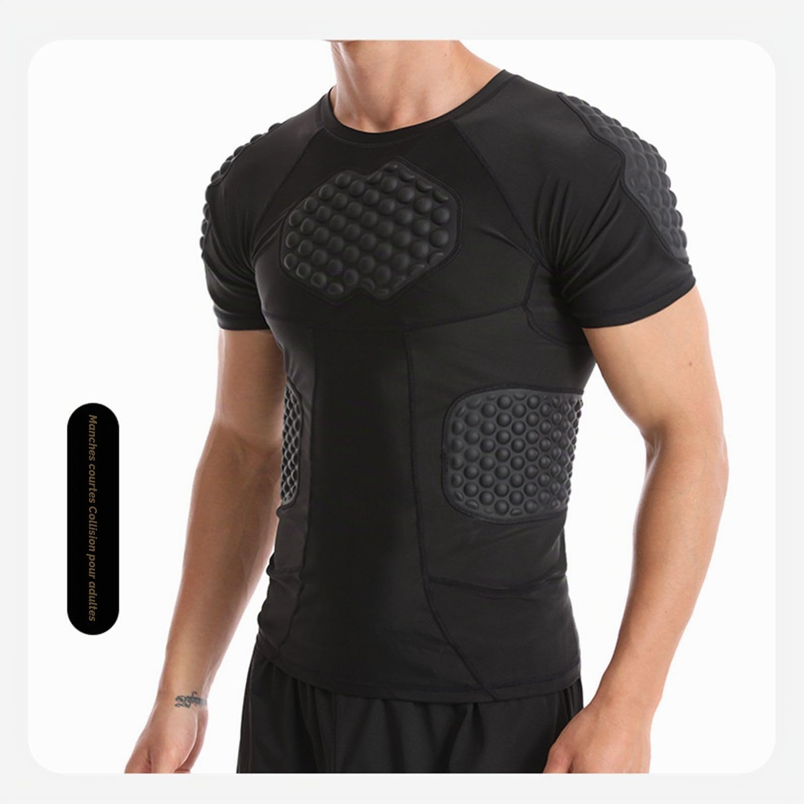 T-shirt de compression rembourré à manches courtes pour homme - Séchage rapide - Respirant - Protection contre les chocs - Protection complète - T-shirt de compression pour football, rugby, basketball