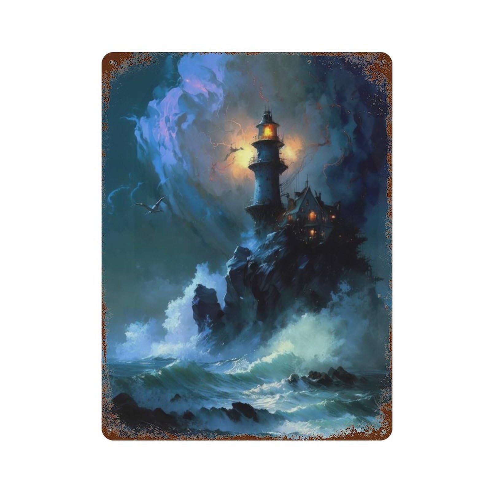 Garage Style A Lighthouse in A Storm V3 Rust Effect Tin Sign 15.7"x11.8", Classic Wall Plaque for Bar And Workshop