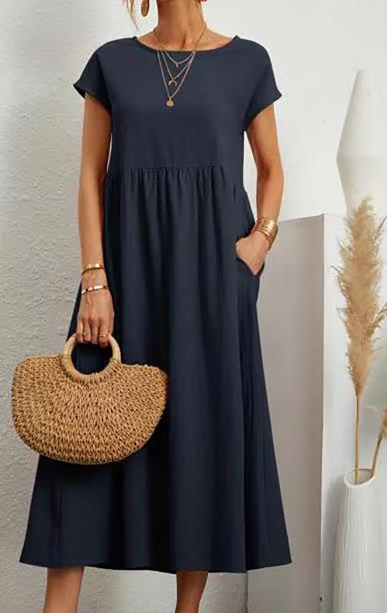 BIRW Cotton Linen Dresses for Women 2025 Summer Casual A Line Flowy Dress Beach Vacation Midi Gauze Dress with Pockets - Image 2