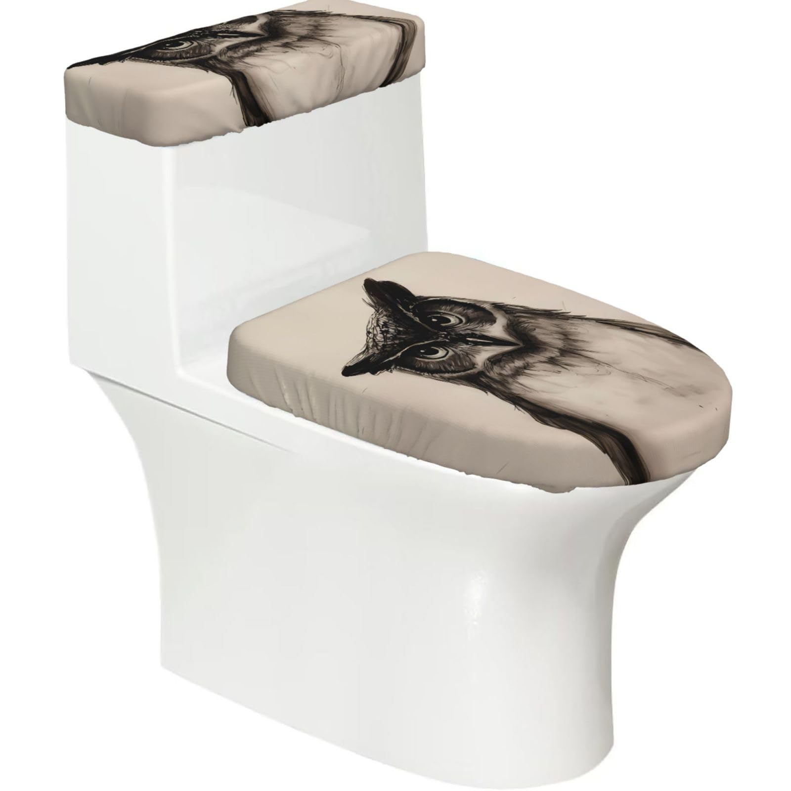Cute Owl 2-Piece Toilet Seat Cover Set with Tank Lid - Elastic for U-Shape & Elongated - Bathroom Decor