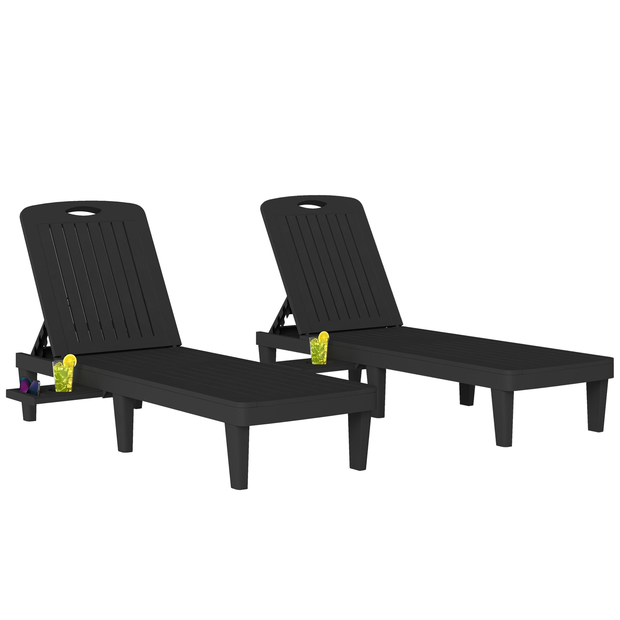 Outsunny Pack de 2 Tumbonas de Jardín Exterior Reclinables de PP, Negro | Bandeja Lateral, Respaldo Ajustable de 5 Niveles, Resistentes a la Intemperie, para Playa, Piscina