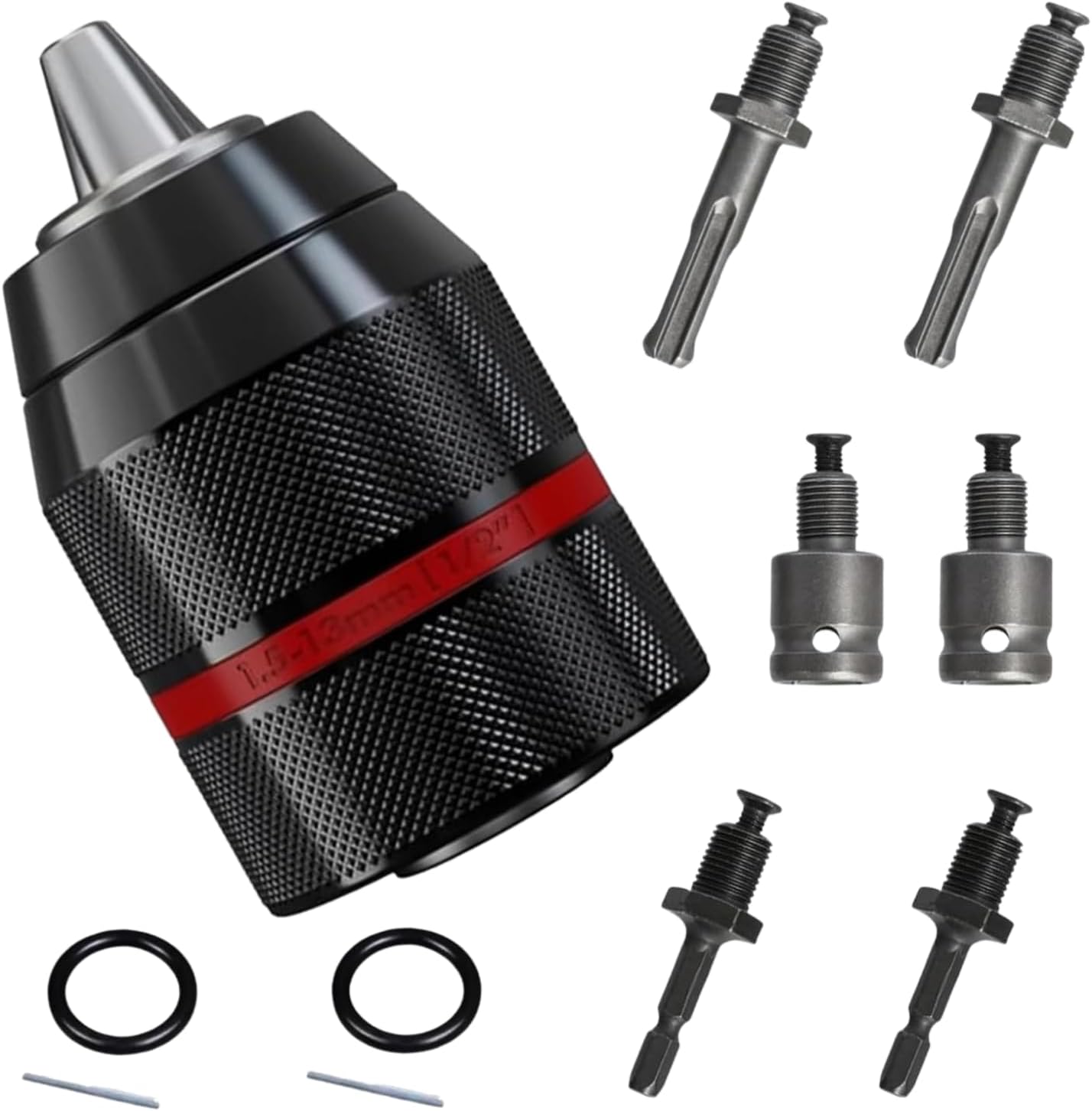 1/2-20UNF Keyless Drill Chuck Kit, 1.5-13mm, with 3 Adapters | Self-tightening alloy steel chuck includes 3/8 in SDS Plus, 1/4 in hex and 1/2 in impact wrench adapters