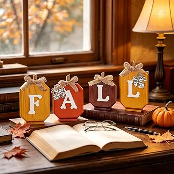Fall Decorations for Home, Pumpkin Wood Sign with Fall Lettered for Fall Decor, Decorative Wooden Block Set Thanksgiving Decor for Tables, Tiered Tray, Mantel, Thanksgiving