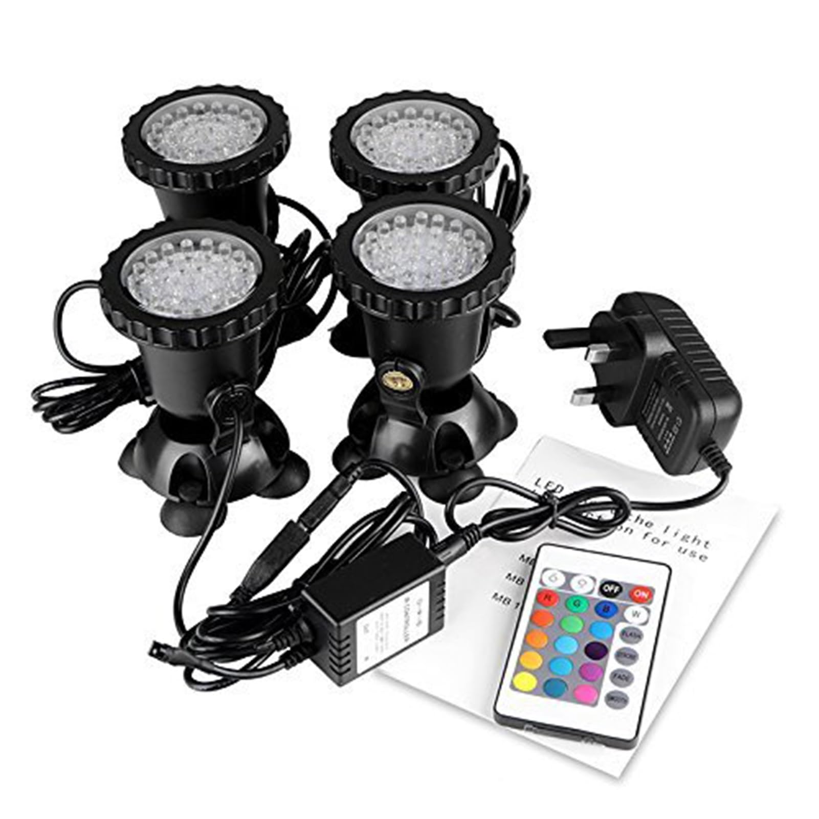 Luci per Acquario RGB Multicolore, Faretti Subacquei Impermeabili, con Telecomando per Piscina con Laghetto da Giardino, Presa UK (Set di 4 Luci)(Set of 4 Lights)