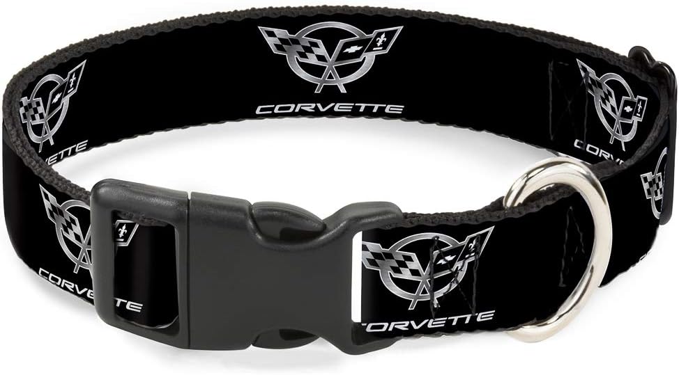 Dog Collar Plastic Clip Corvette Black Silver Repeat 13 to 18 Inches 1.5 Inch Wide