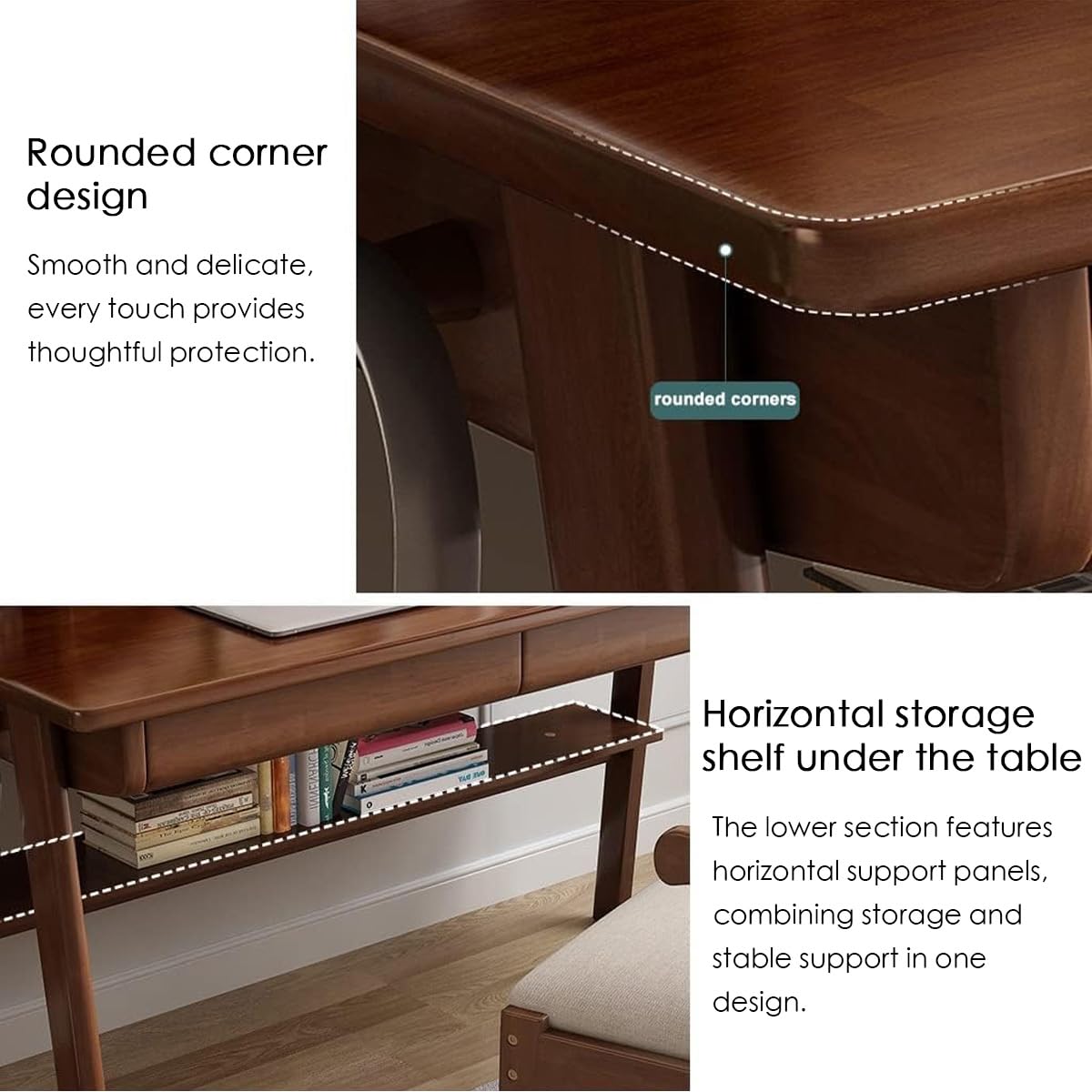 Scrivania in legno massello con 2 cassetti e ganci, scrivania per computer per casa e ufficio metà secolo, scrivania per studenti e studio, tavolo con ripiano portaoggetti per camera da letto