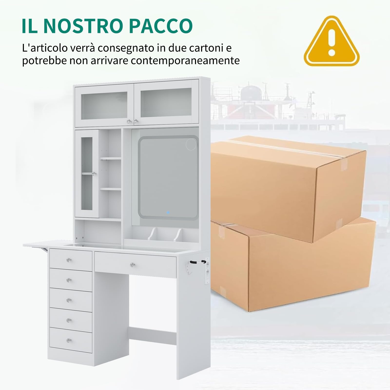 Yanosaku Tavolo da trucco con specchio, con illuminazione LED a tre colori regolabile e prese elettriche, 6 cassetti, 3 armadietti e 7 ripiani aperti, tavolo da trucco bianco con sgabello