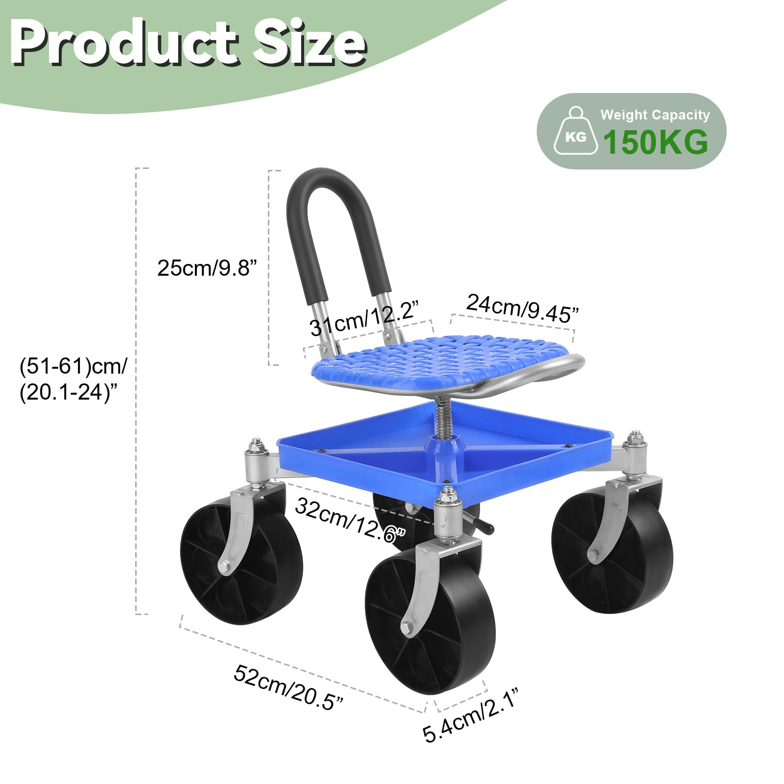 Tabouret de roulement de jardin, tabouret de jardin réglable en hauteur, siège avec plateau à outils, siège de travail roulant pour le jardinage Bleu