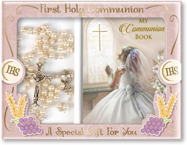 the Healing Corner Girl's First Holy Communion Gift Pearl Effect Rosary & Mini Communion Book 