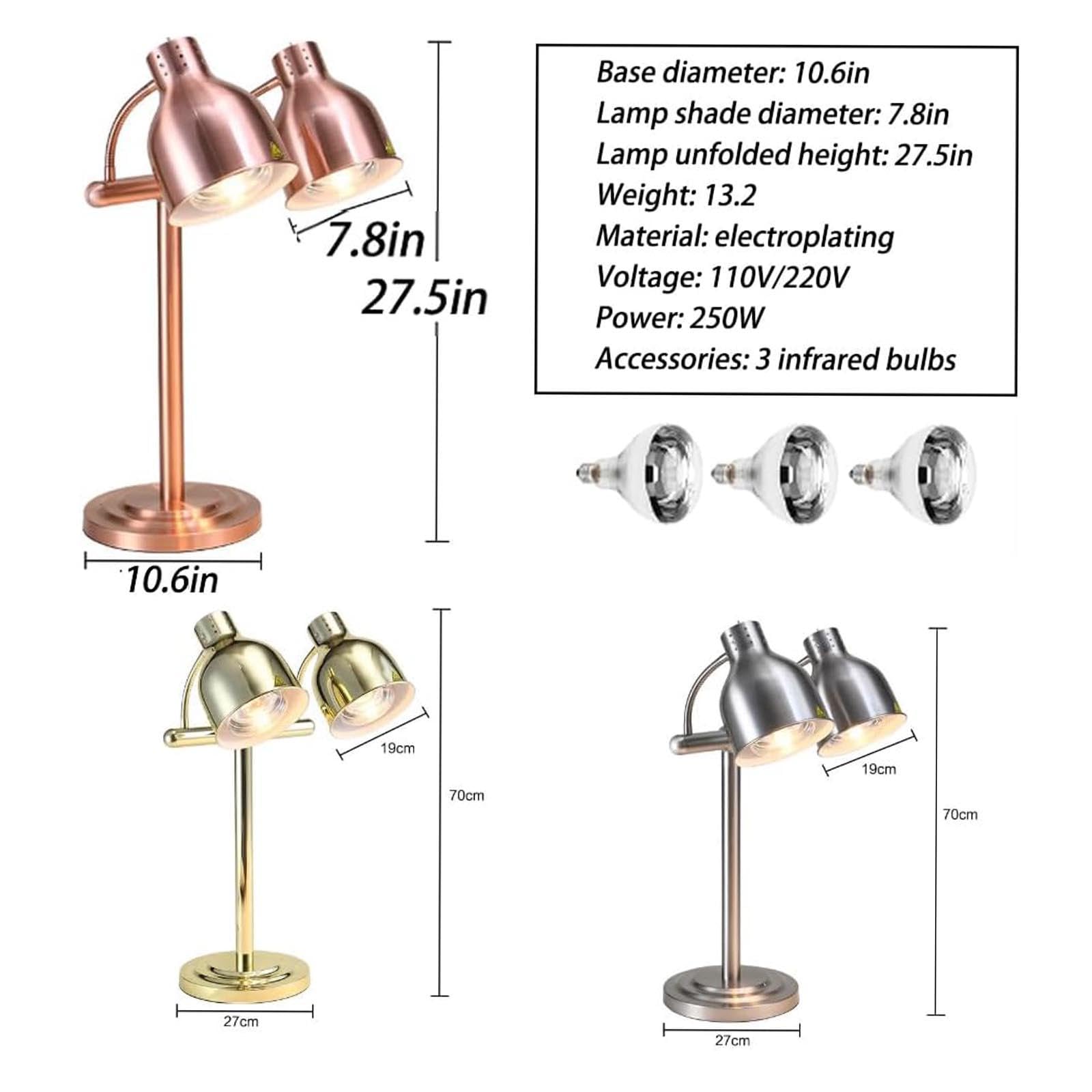 Lámpara Independiente para Calentar Alimentos Lámpara para Calentar Alimentos de Buffet de 2 * 250 W, Cabezal Ajustable de 360 ​​​​° para Restaurante de Cocina Buffet,Copper