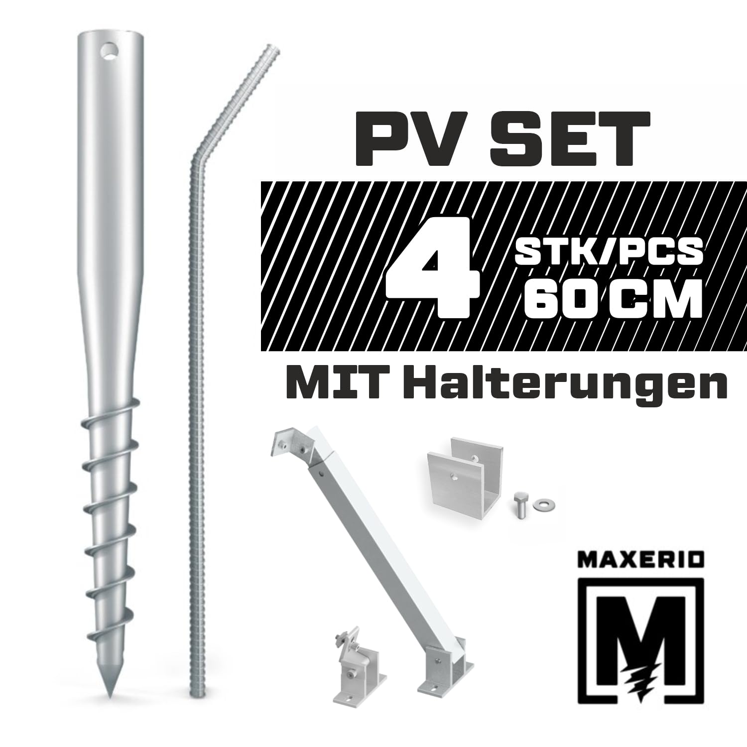 NEU! MAXERIO 60 cm 4er PV-Set Schraubfundamente inkl. PV-Winkel; Ø 60 x 2; M12 (MIT Halterungen)