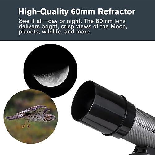Vista 5 de Celestron Travel Scope 60DX Telescopio refractor portátil – Apertura de 60 mm, óptica de vidrio totalmente recubierta – Incluye adaptador