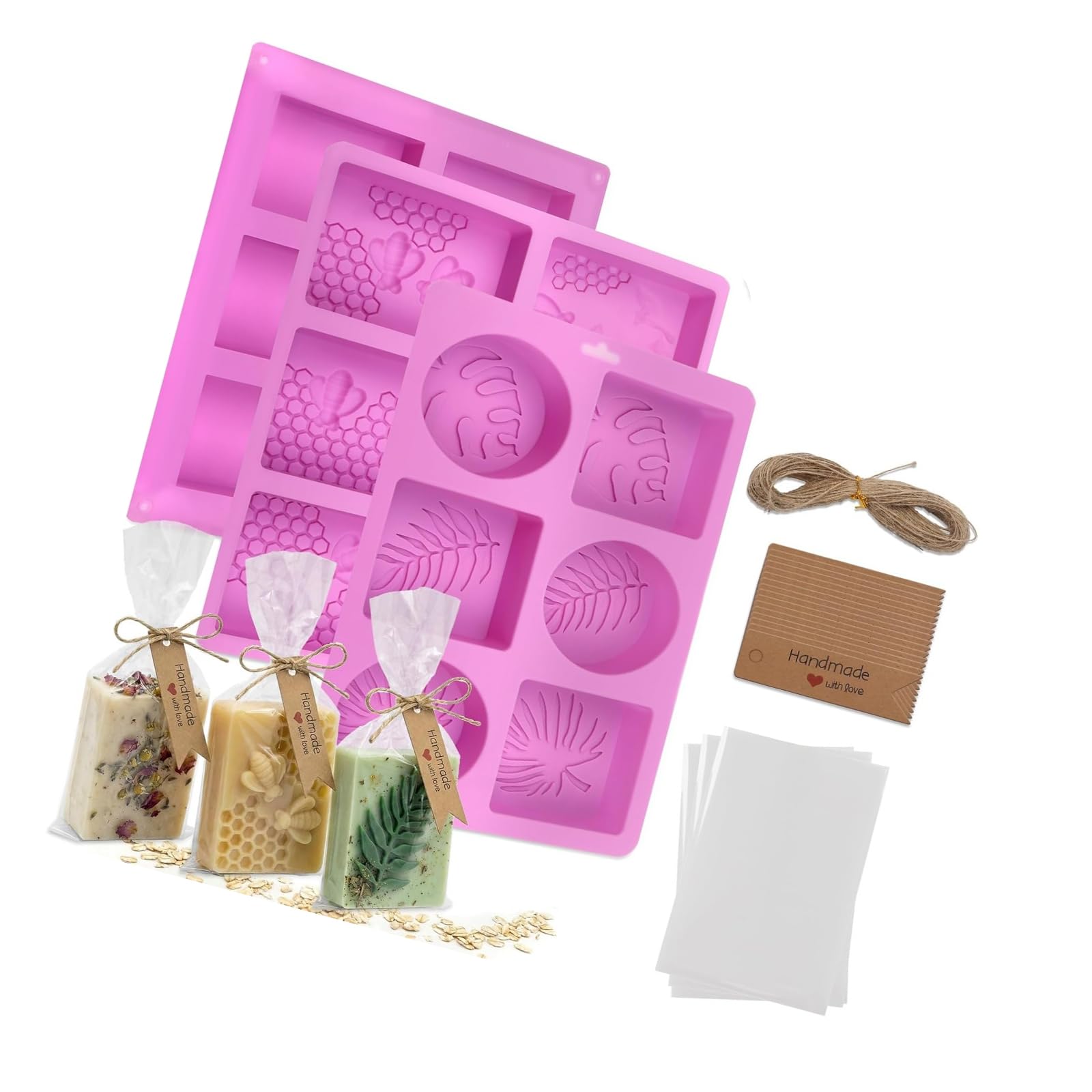 BELOWSYALER Soap Making Set 102 Piece Silicone Forms with Clear Bags Tags Cord and Sisal Saver Pouches for Home Craft Projects and Wrapping Supplies Packaging Bags Tags Cord Soap Saver Pouches Raised