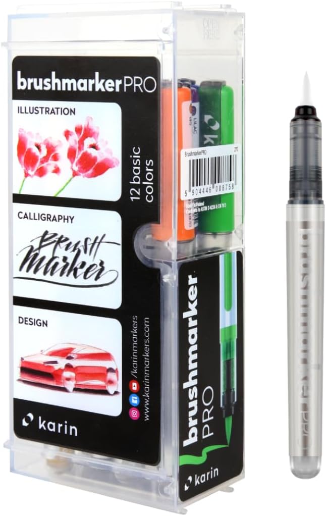 Karin Brushmarker Pro 12pc Basic Colors brush tip markers Set, Blendable, Water-Based, Brush Markers for Adults and Artists, 11 Colors + Colorless Blender, Adult Markers for Coloring Books and more