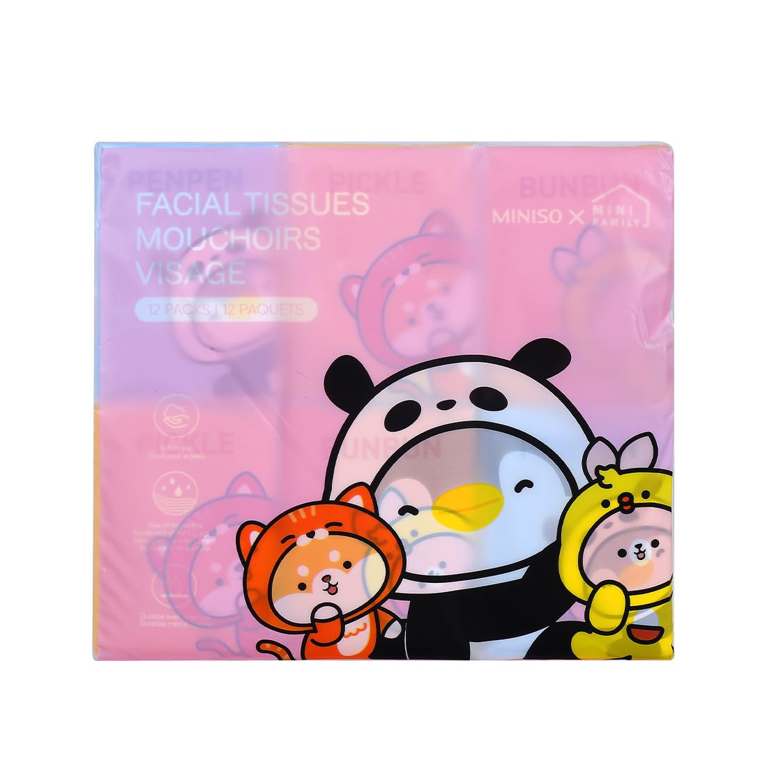 MINISO Upgraded 4 Ply Strength Pocket Tissues Packs, Skin-Friendly Soft Facial Tissues Papers, Napkins (96 Pcs, 12 x 8Pcs, Mini Family) - Image 5 thumbnail