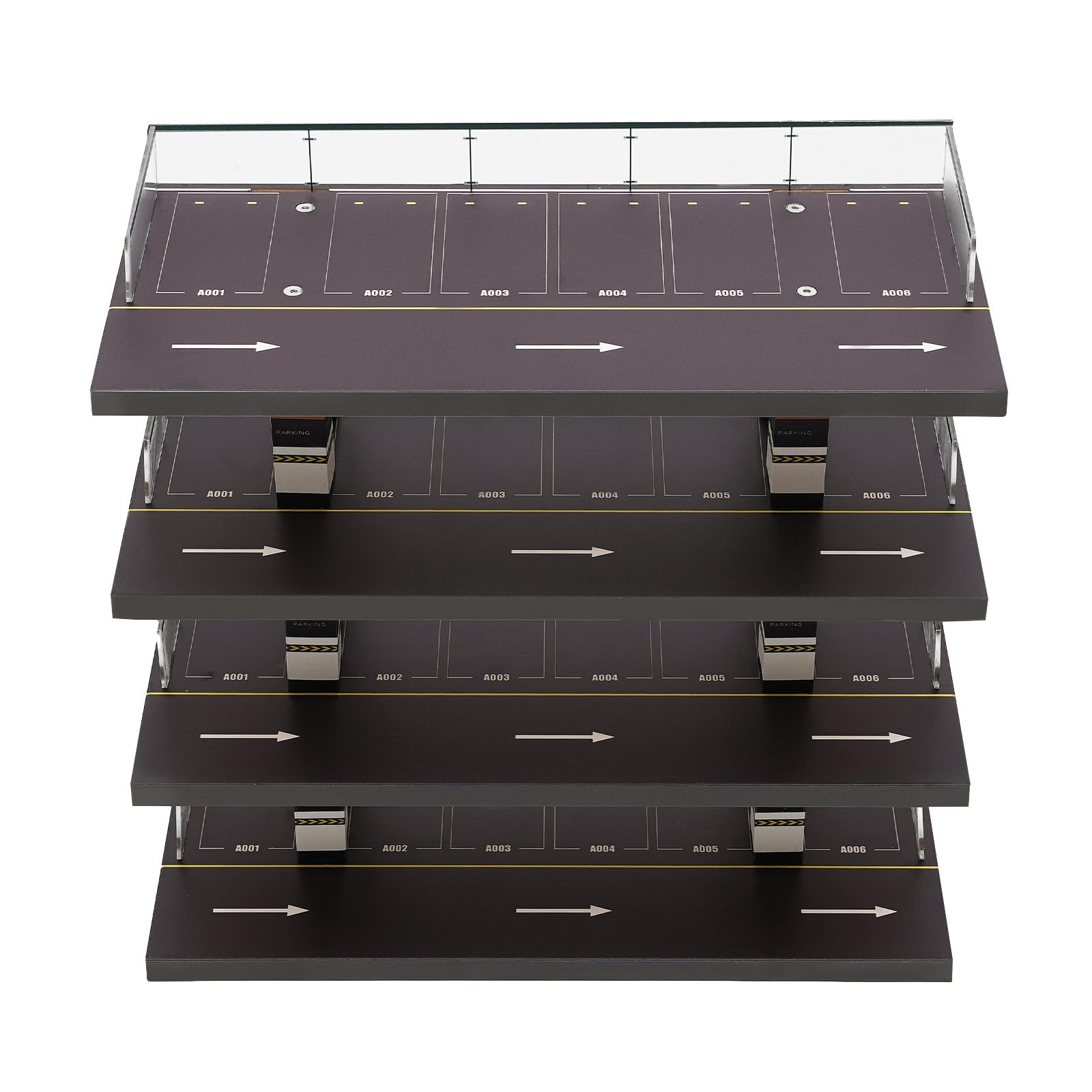 DEIGEHJRE Car Diorama Garage Display Case, 4-Story Diorama 1/64 Car Garage Model? Parking Display Scene Model, with Clear Parking Spaces, Exquisite Signs, Columns, and Driveways