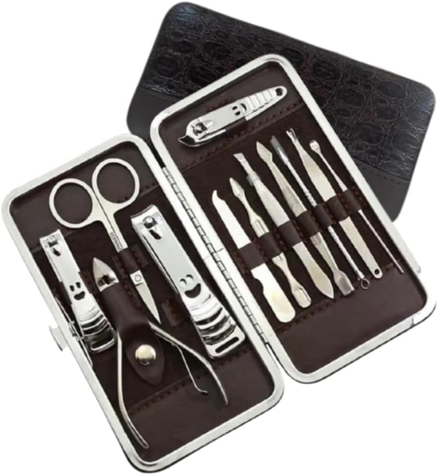 Kit de Manicure e Pedicure Profissional 12 Peças em Aço Inoxidável com Estojo de Couro