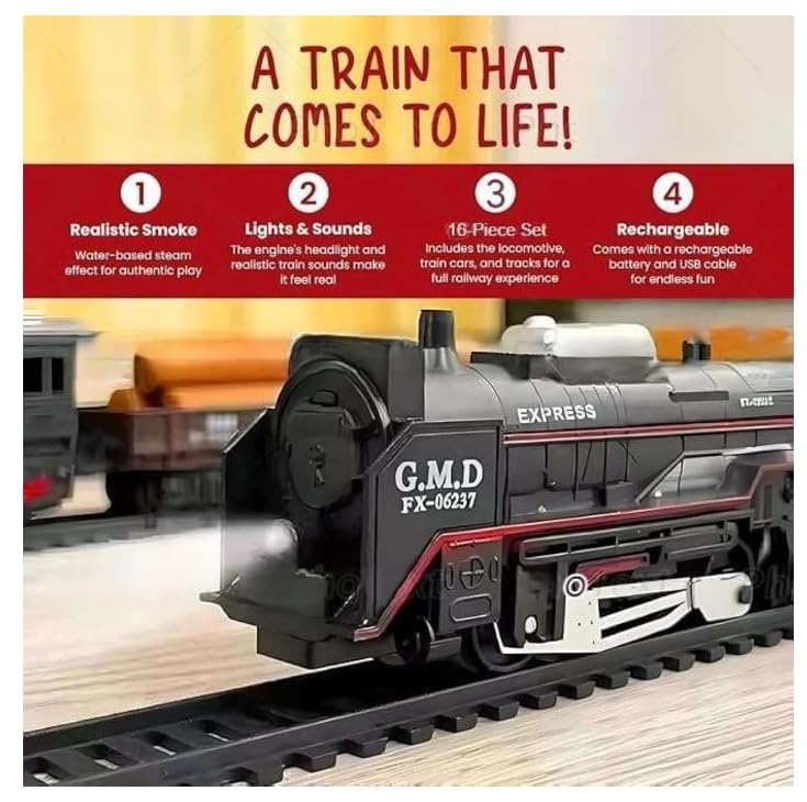 Image of Electric Steam Train Set for Kids | Choo Choo Train Toy with Tracks, Smoke, Lights & Sound | USB Rechargeable | Age 2-6 Years | Color May Vary