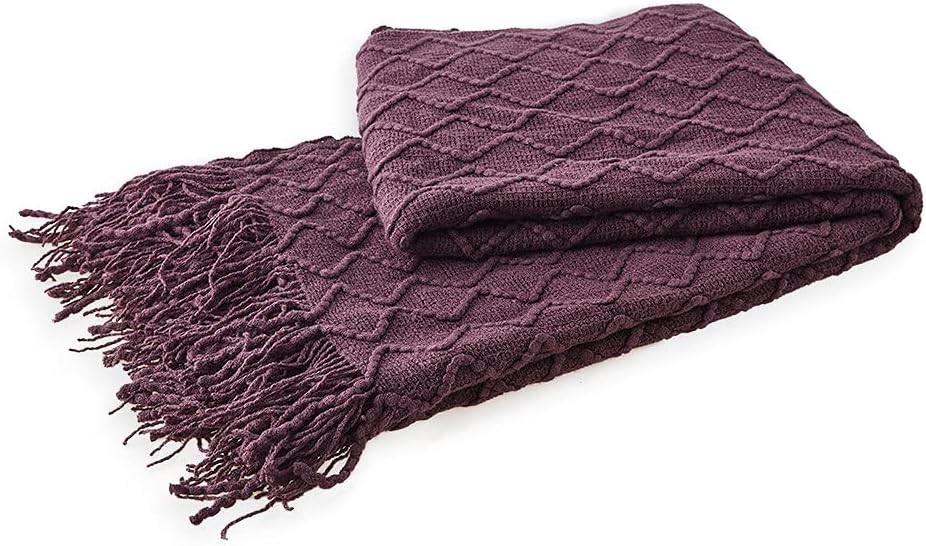 SunStyle Home Purple Throw Blanket for Couch 50 x 60 inches - Decorative Knitted Summer Blankets with Tassels - Soft Lightweight Woven Textured Solid Farmhouse Throw for All Seasons