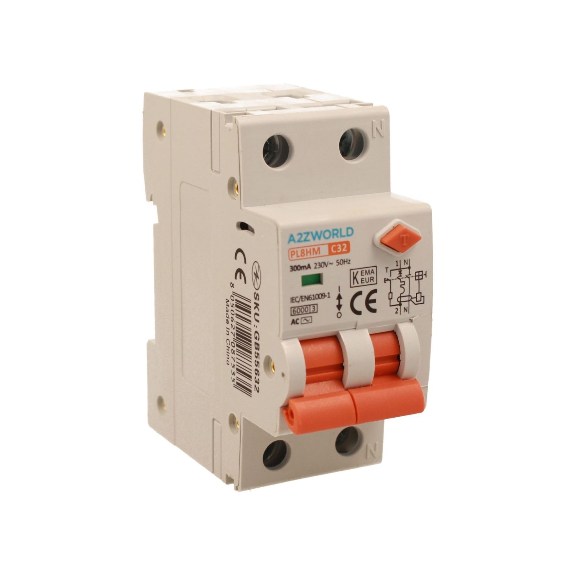 Interruptor magnetotérmico diferencial 300 mA 32 A C32, RCBO tipo AC curva C, salvavidas 1P+N 6000 A, ocupa 2 módulos DIN