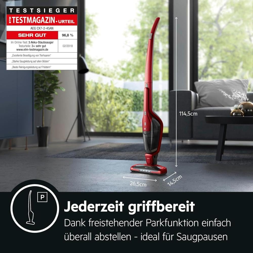 AEG Ergorapido 2in1 Akku Staubsauger, Beutellos, inkl. Tierhaardüse, ETM Testsieger, bis zu 45Min Laufzeit, Freistehend, 180° Drehgelenk, Bürstenreinigungsfunktion, LED-Frontlichter, Rot, CX7-2-45AN